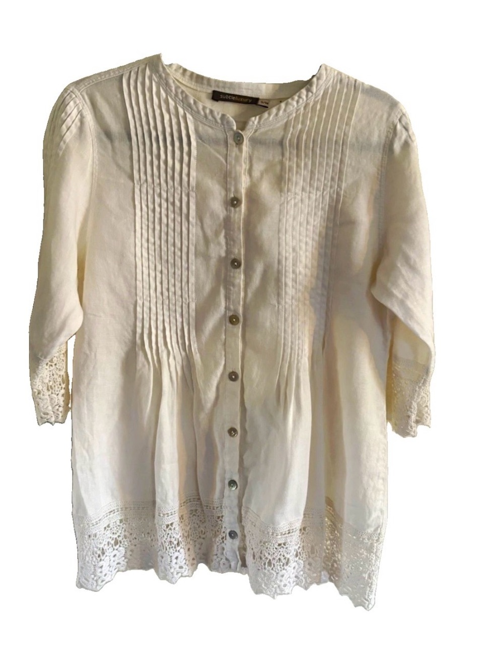 Subtle Luxury White Linen Button Lace S/M Coastal Grandmother Boho Romantic